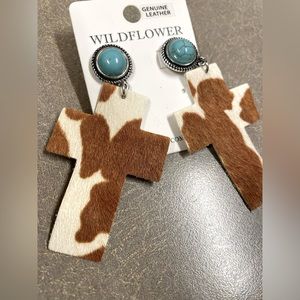 Wildflower Earrings Turquoise Silver tone Leather Cross Western boho boutique